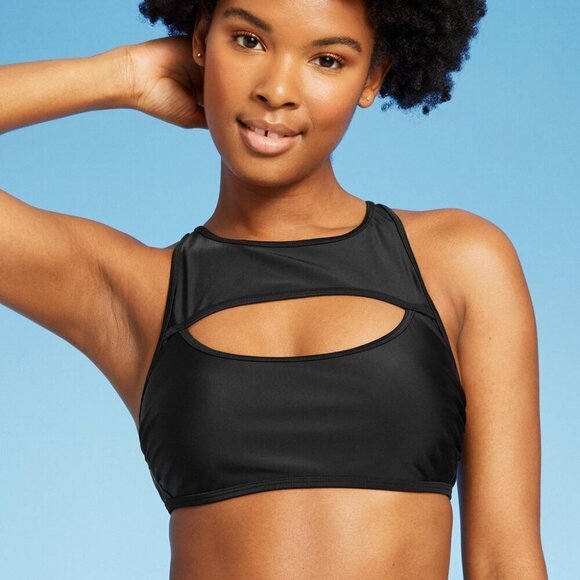 Wild Fable Womens Size XS 0/2 Cut Out High Neck Bikini Swim Top in Black 2108 - Picture 1 of 8